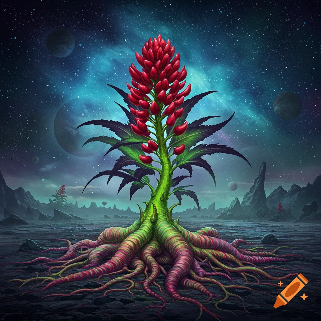 A vibrant alien plant with thick, rainbow roots, a green stem, red seeds, and spiky black leaves, set on an alien landscape under a starry sky with planets.