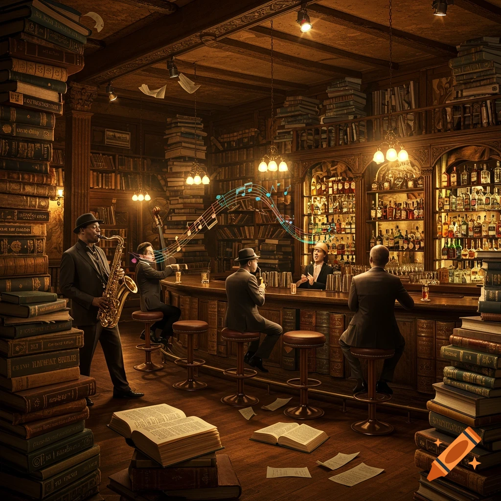 A photorealistic image of a cozy, ornate jazz bar with a musician playing saxophone and patrons at a counter made of stacked books.