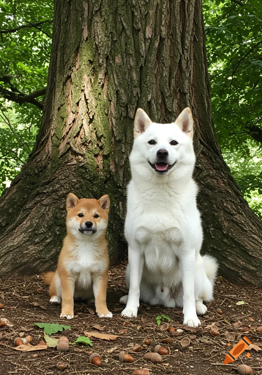 A small fawn Shiba Inu puppy and a large white Shiba Inu dog sit together in front of a massive tree with acorns on the ground.