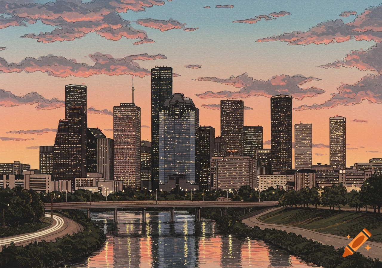 A drawing of the Houston, Texas skyline at sunset, with a river and bridge reflecting city lights and colorful clouds.