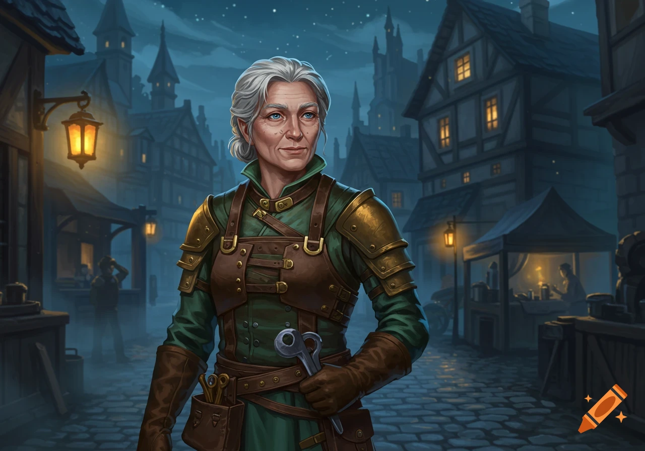 A wise, silver-haired female tinkerer in leather armor holds a wrench in a medieval fantasy city at night.