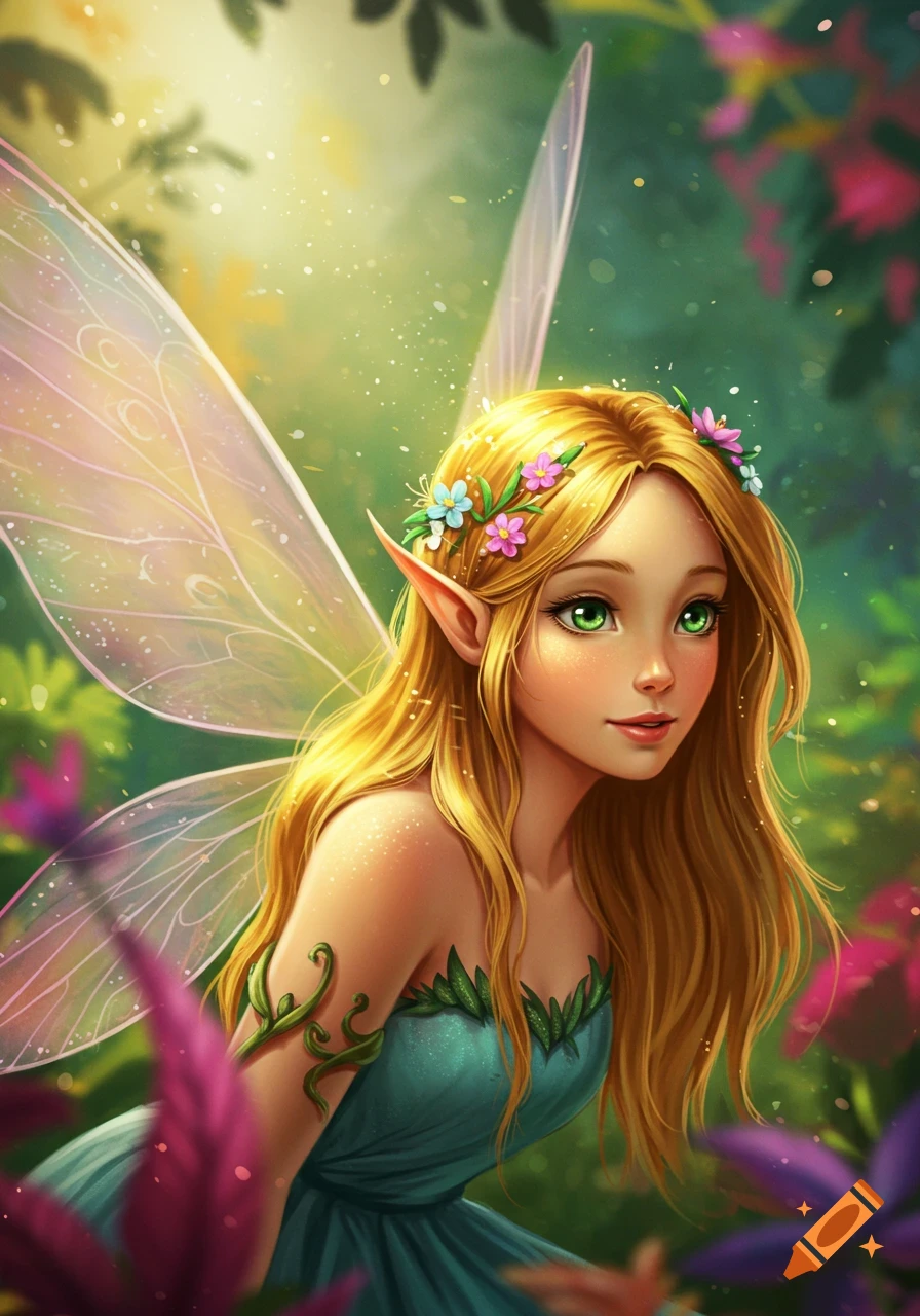 Close-up of a blonde fairy with green eyes and a flower crown in a lush, magical forest.