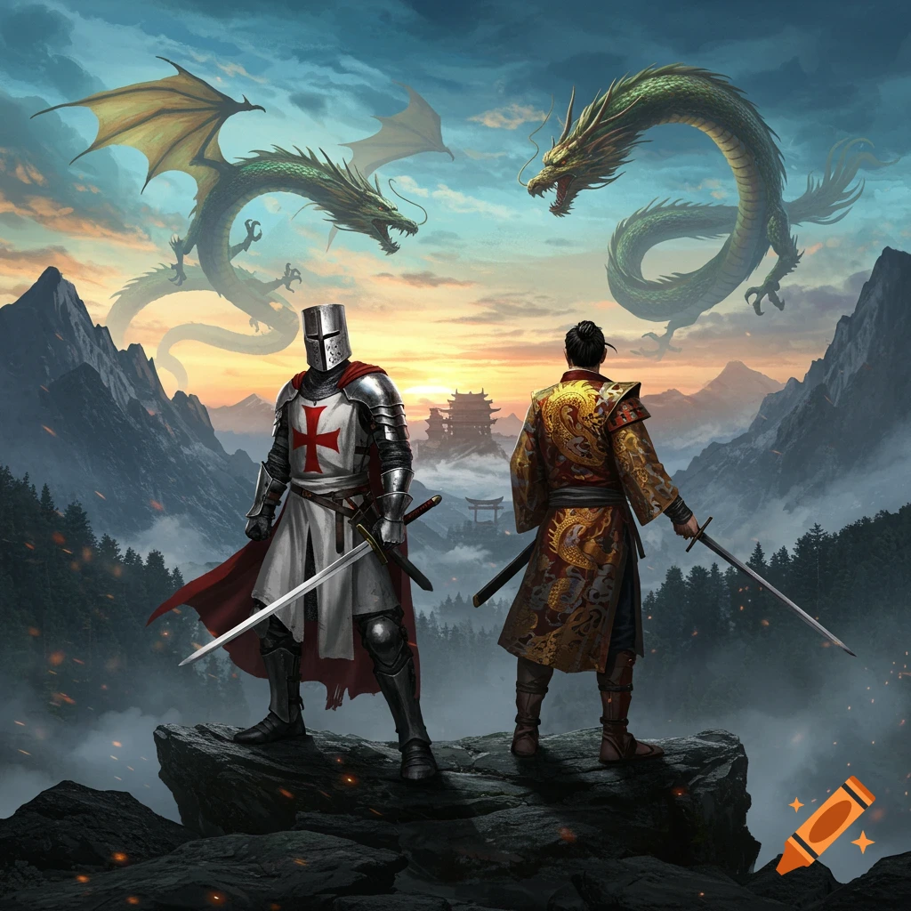 A detailed digital painting of a Crusader knight and a samurai on a rock, swords drawn, facing two dragons in a mountainous sunset landscape.