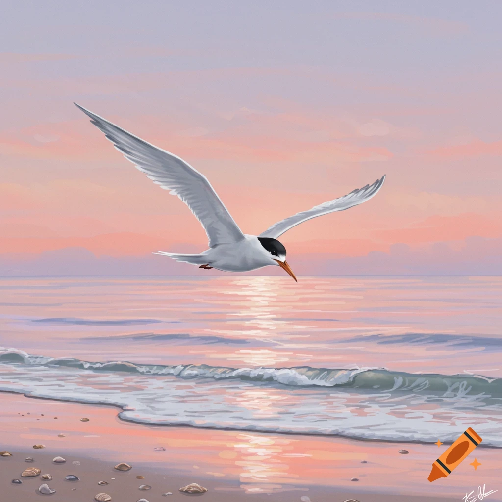 A white tern with a black cap flies over sunset-lit ocean waves and a seashell-strewn beach in a digital painting.