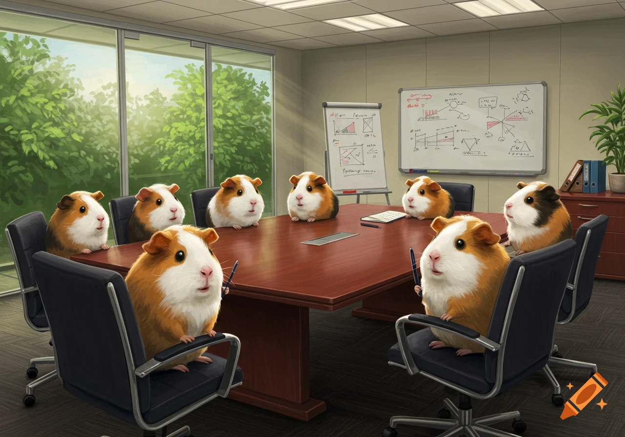 A group of fluffy guinea pigs in a modern office conference room, seated around a large wooden table with pens.