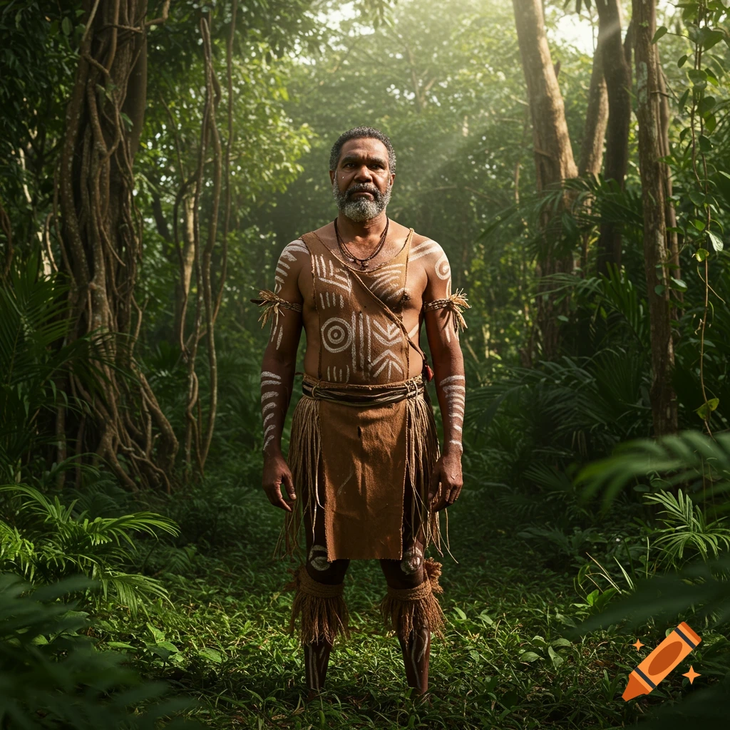 An Indigenous man with white tribal body paint stands in a lush, sunlit jungle, photorealistic.