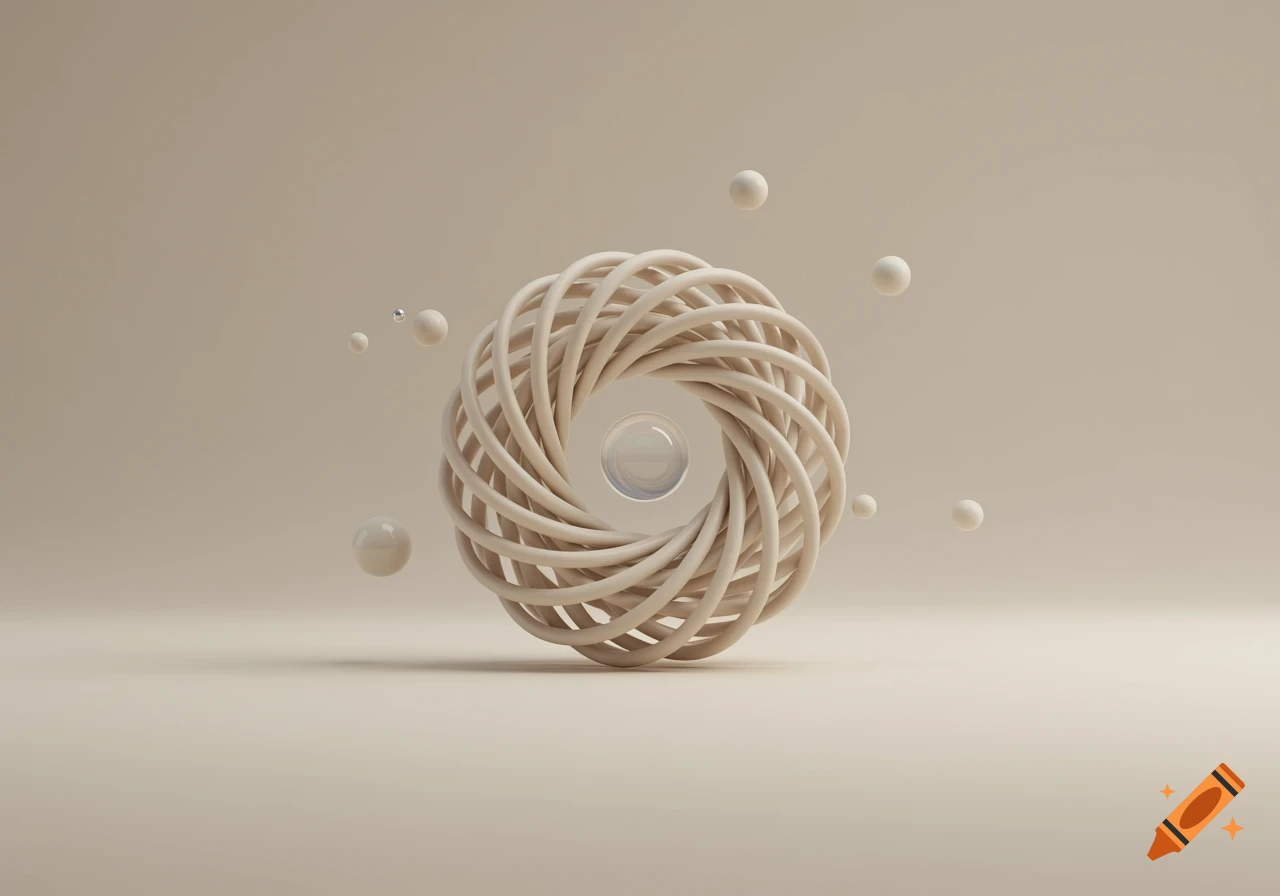 A 3D render of a beige swirling, woven ring with a clear sphere in its center, surrounded by floating white spheres on a beige background.