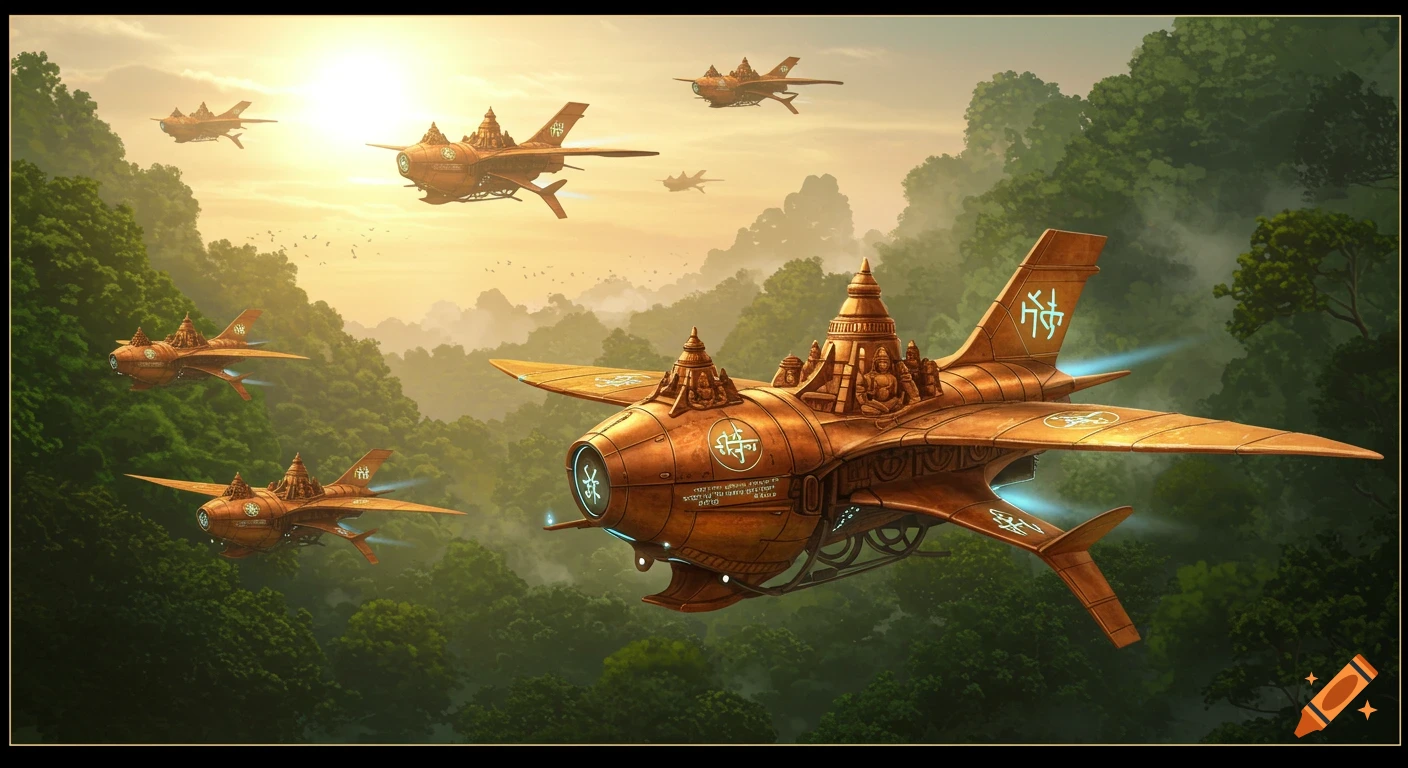 Ornate copper and gold flying vehicles resembling ancient Indian rathas soaring over lush green forests at sunset, fantasy art.