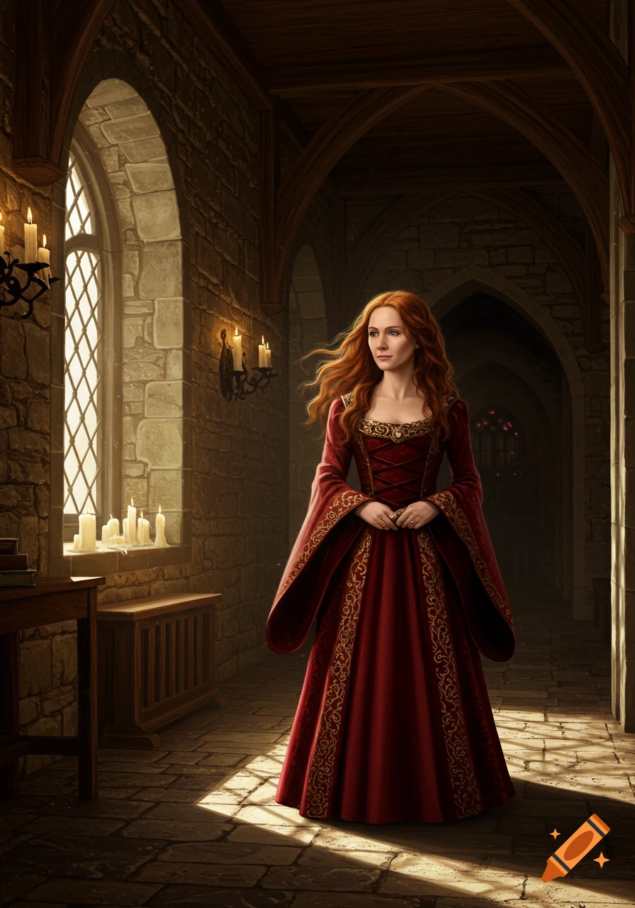 A woman with flowing red hair in a red and gold medieval dress stands in a stone castle hallway illuminated by candles and window light.
