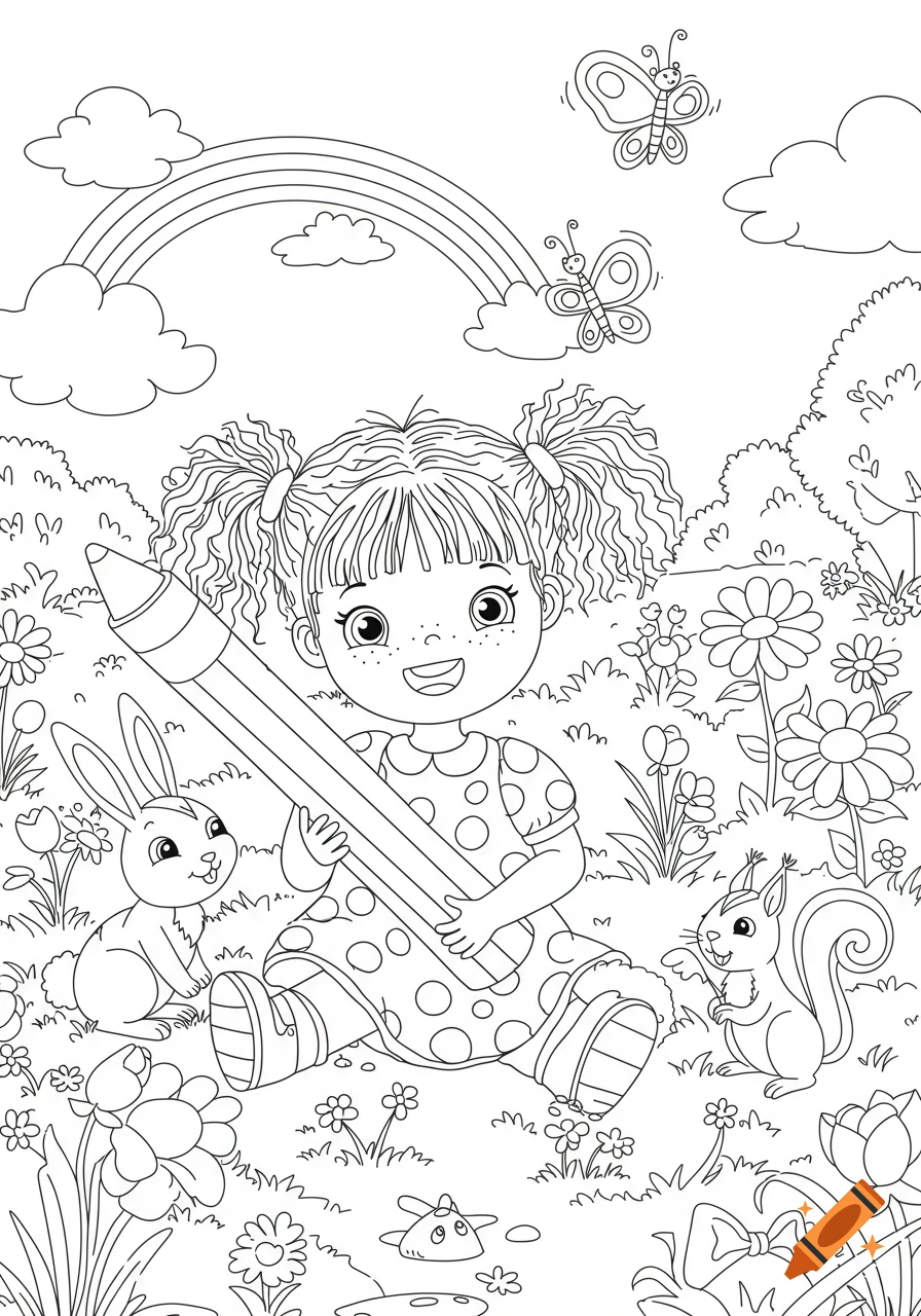Black and white coloring page of a happy cartoon girl holding a giant pencil, sitting in a field with a rabbit, squirrel, butterflies, and a rainbow.