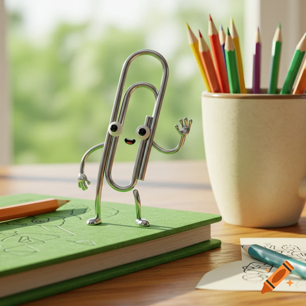 A cute, smiling paperclip character with arms and legs stands on a green book next to a cup of pencils.