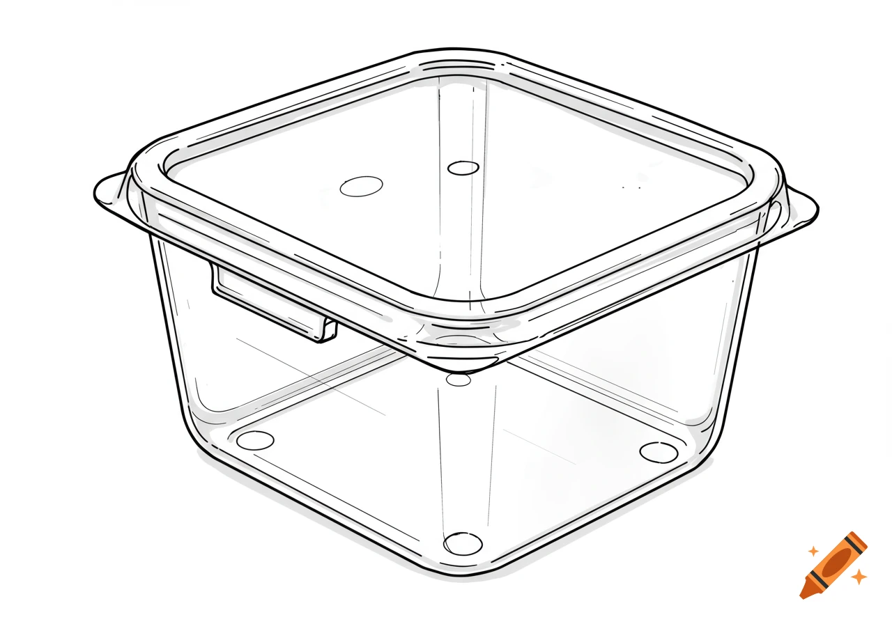 A clean line drawing of a clear, square plastic food storage container with a lid.