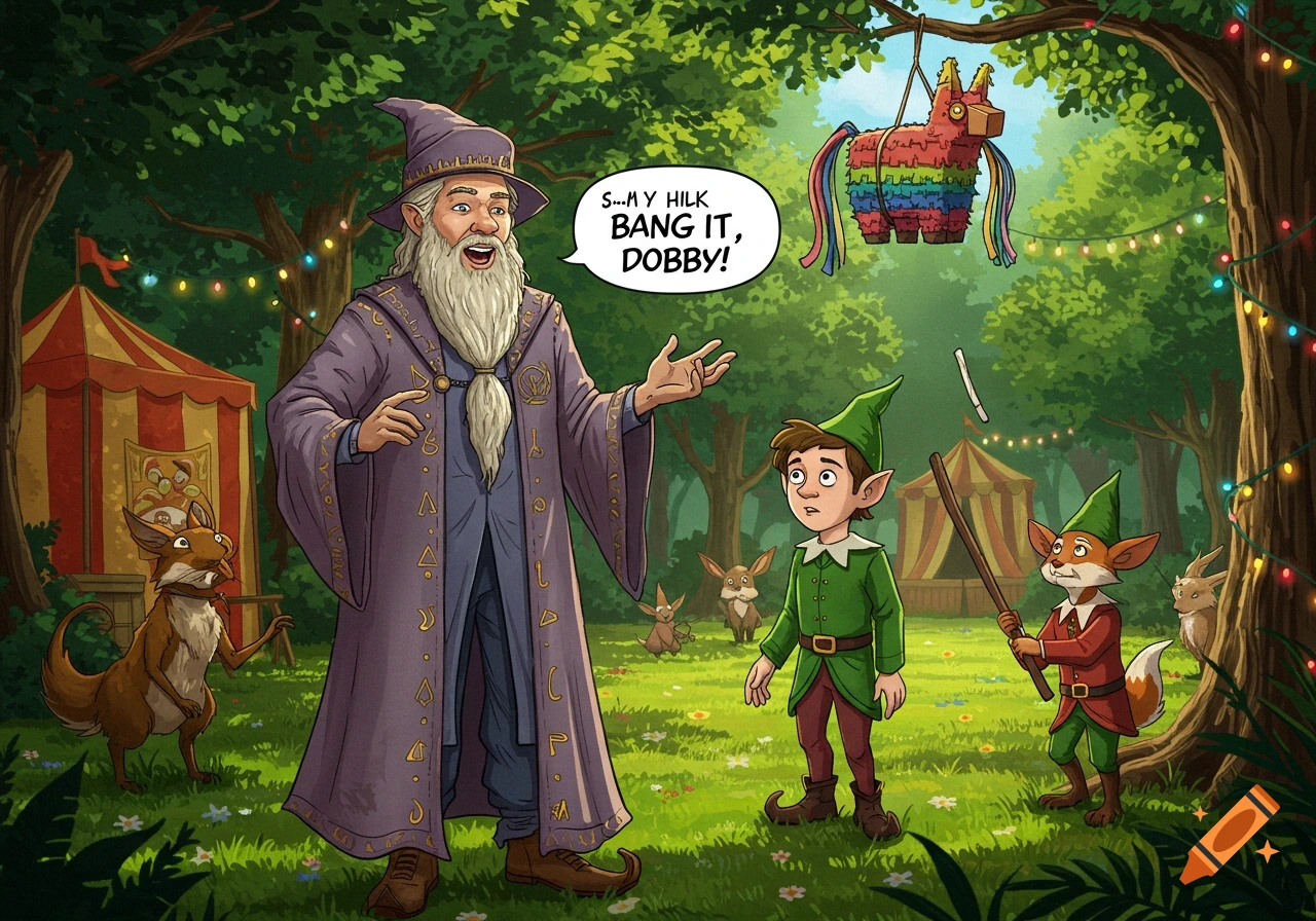 A cartoon wizard with a long white beard encourages a nervous elf to hit a colorful piñata in a whimsical forest setting with strung lights and carnival tents, while fox-like creatures watch.