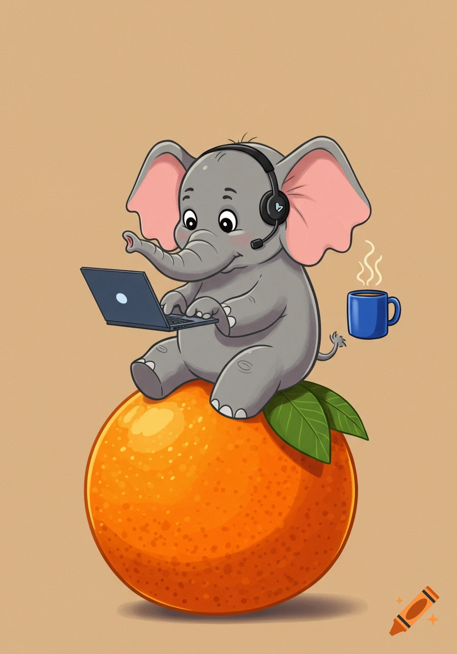 A cute cartoon grey elephant with a headset sits on a large orange, typing on a laptop, with a steaming blue mug nearby.