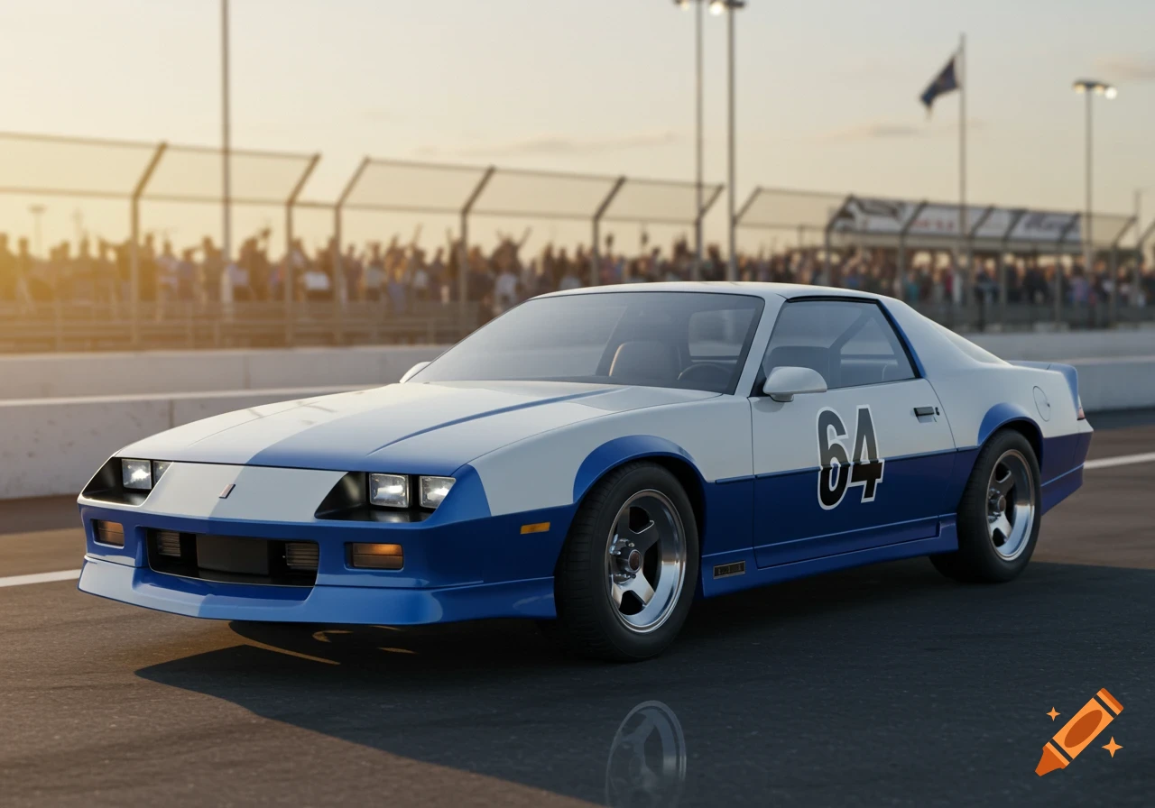 A white and blue 1986 Chevrolet Camaro race car with the number 64 on its side, parked on a track with a blurred crowd in the background at sunset.