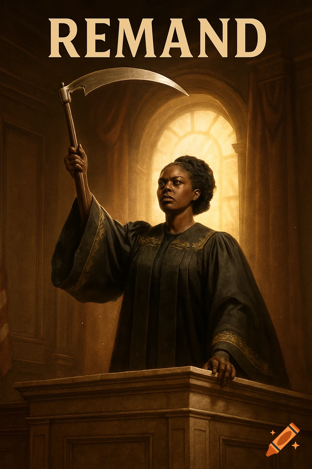 A black female judge in a courtroom holding a scythe aloft with the word REMAND at the top, dramatic lighting.