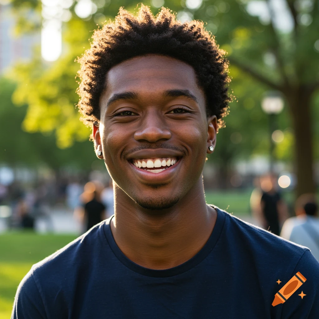 A close-up, sunlit portrait of a happy young Black man smiling in a park.