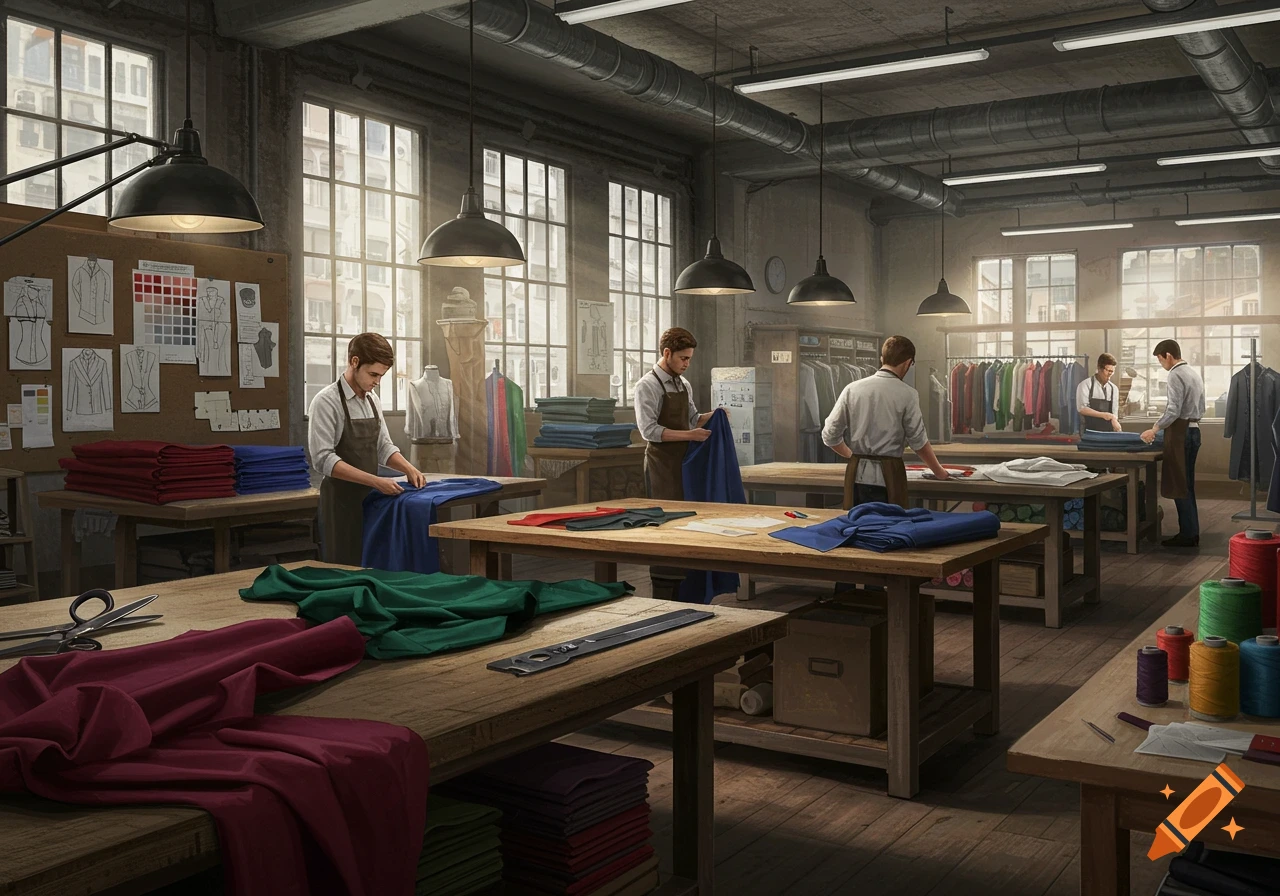 Men working in a busy tailoring workshop, cutting and folding fabric on large wooden tables, with clothes racks and spools of thread.