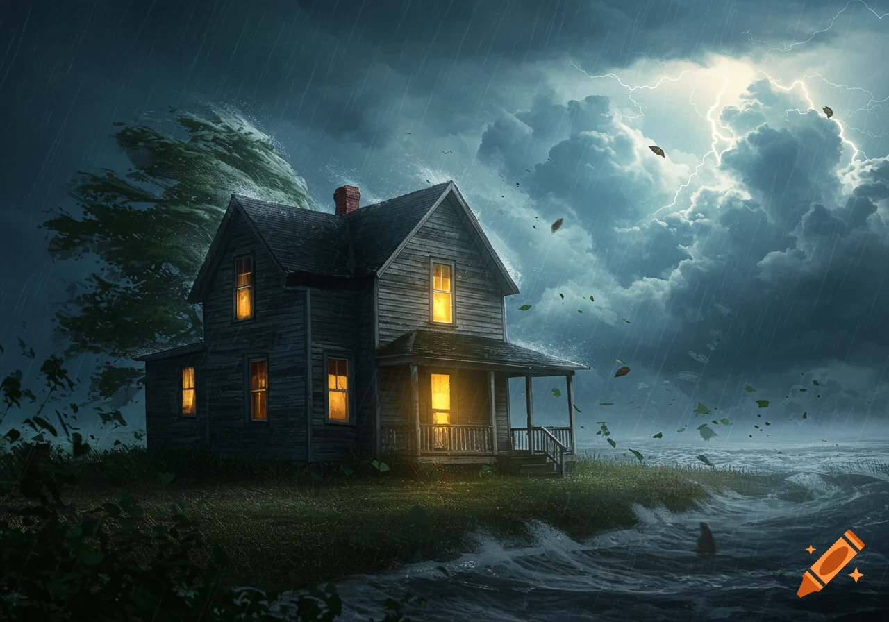 A dark wooden house with glowing windows endures a violent hurricane with heavy rain, lightning, and large waves crashing nearby.