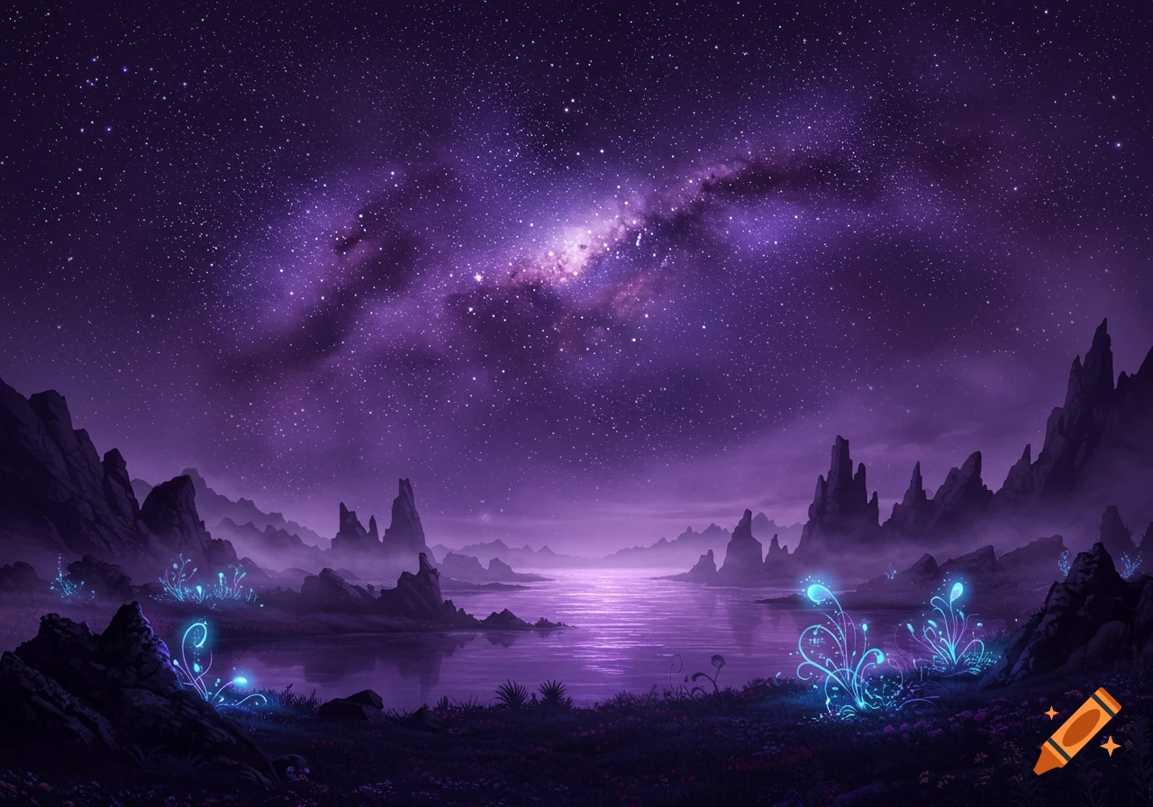 A vibrant purple alien landscape at night with a starry sky, reflective lake, dark mountains, and glowing blue flora.