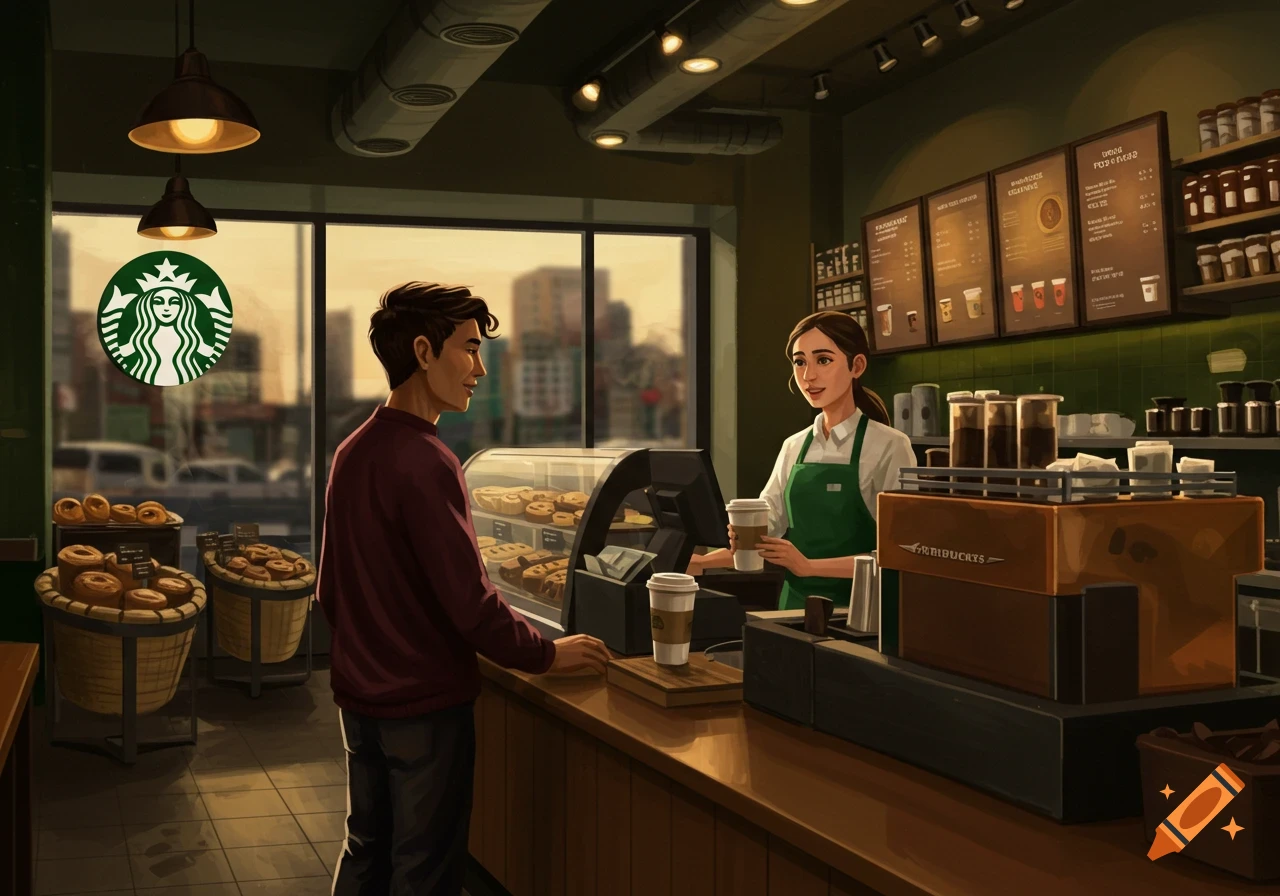 A man orders coffee from a barista in a busy Starbucks coffee shop, illustrated in a graphic novel style.