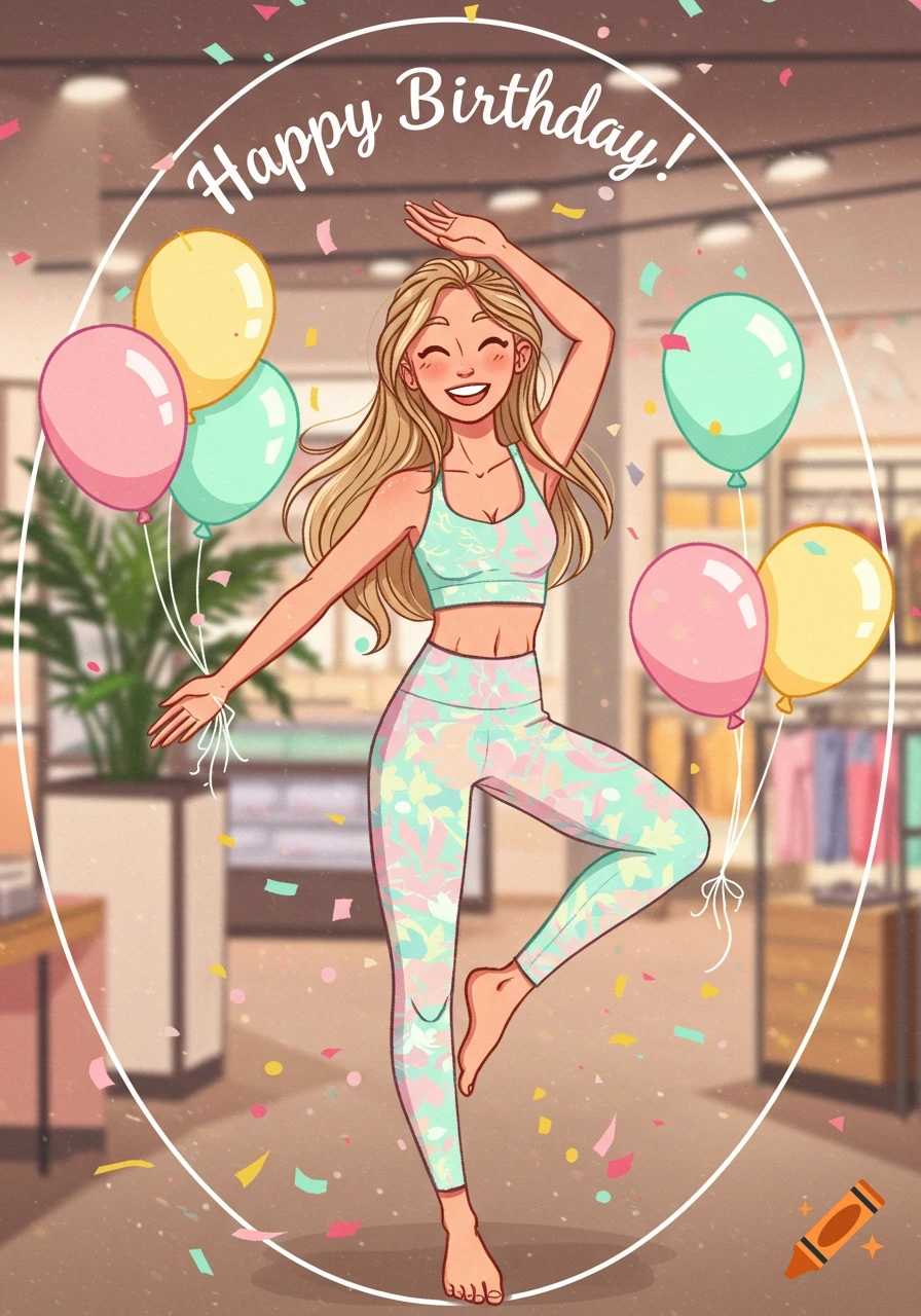 Cartoon woman in activewear celebrating her birthday in a store, with balloons and confetti.