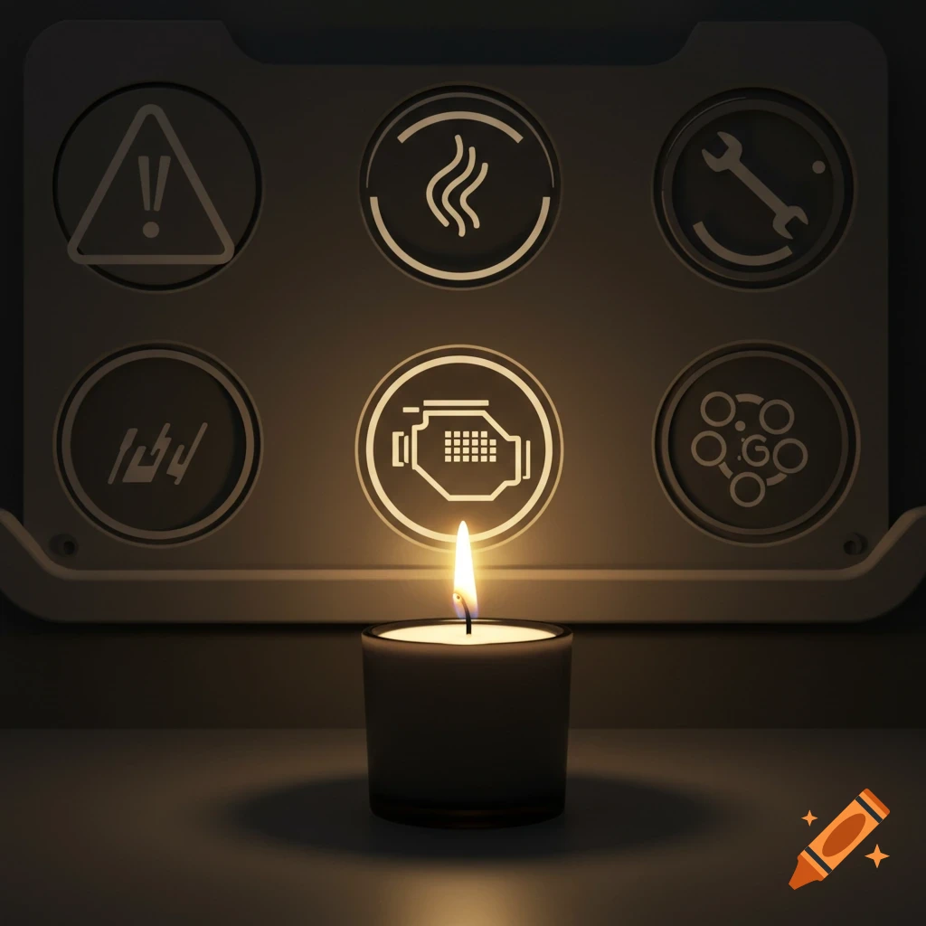 A lit candle sits in the foreground, casting light on a panel of six glowing dashboard warning light icons above it. The check engine light is prominent.