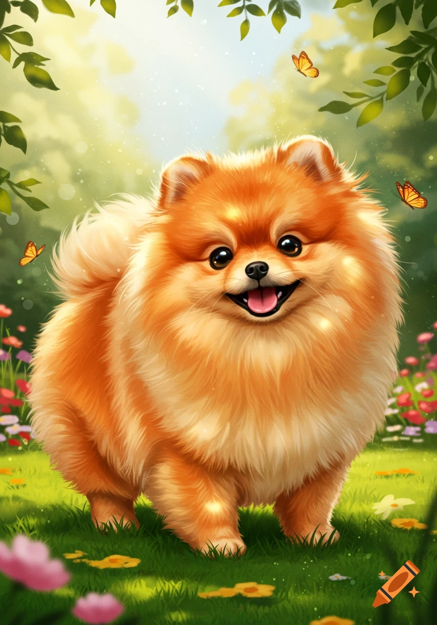 A fluffy orange Pomeranian smiles happily in a vibrant green meadow with flowers and butterflies.