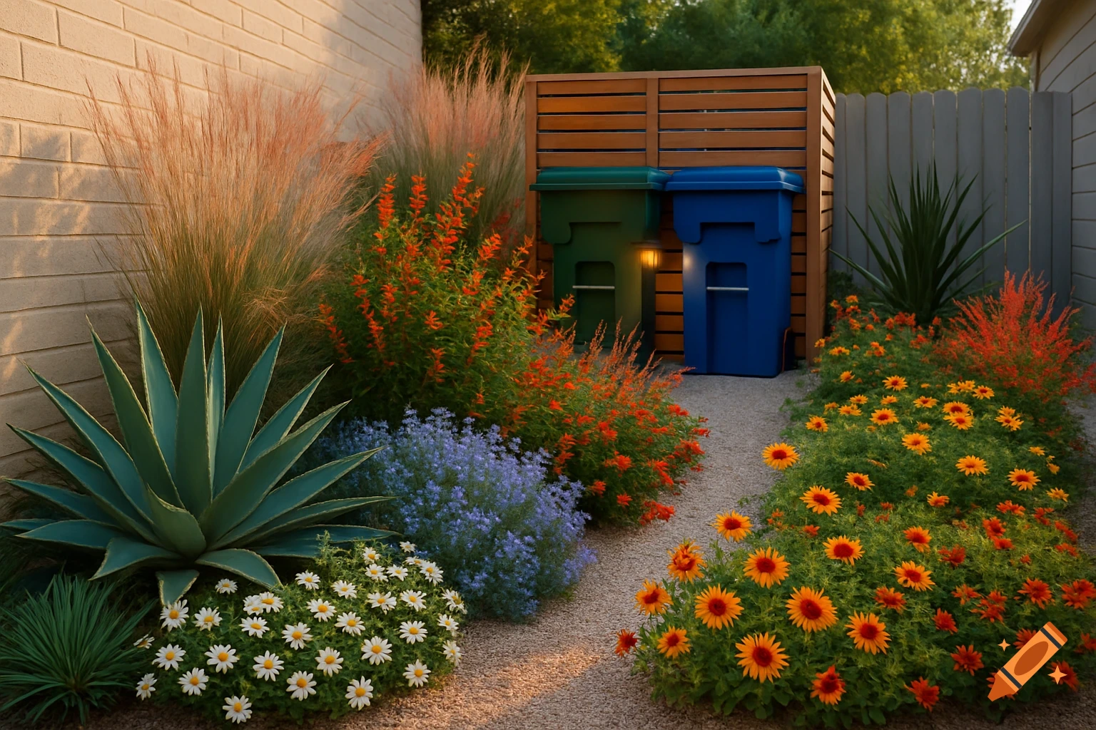 Photorealistic image of a vibrant, drought-tolerant landscaped side yard with gravel path, various plants, and two trash bins.