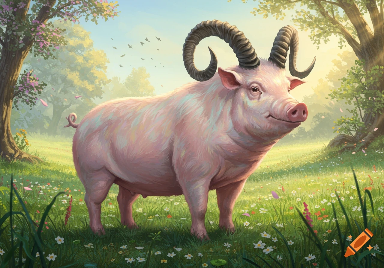 A whimsical illustration of a pink pig with large ram horns standing in a sunny, flower-filled meadow.