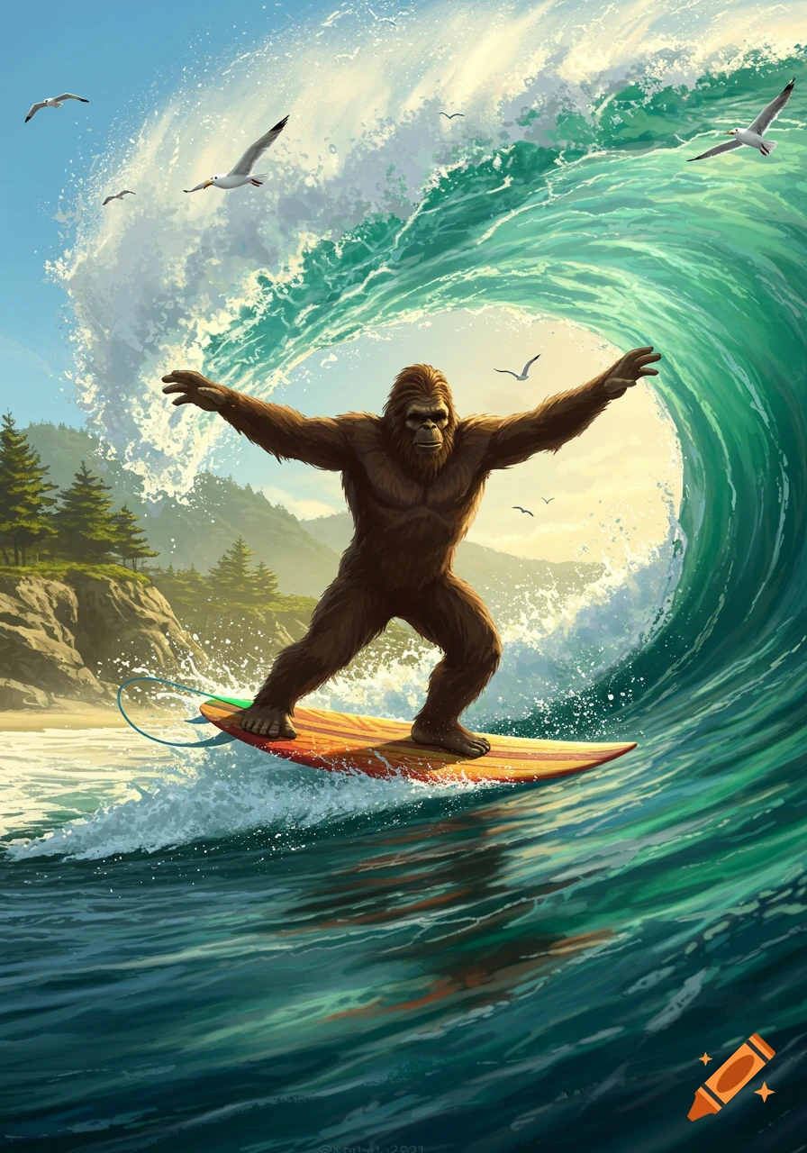A large, furry Sasquatch surfs a massive wave at a coastal beach with seagulls flying overhead, in a vibrant, illustrative style.