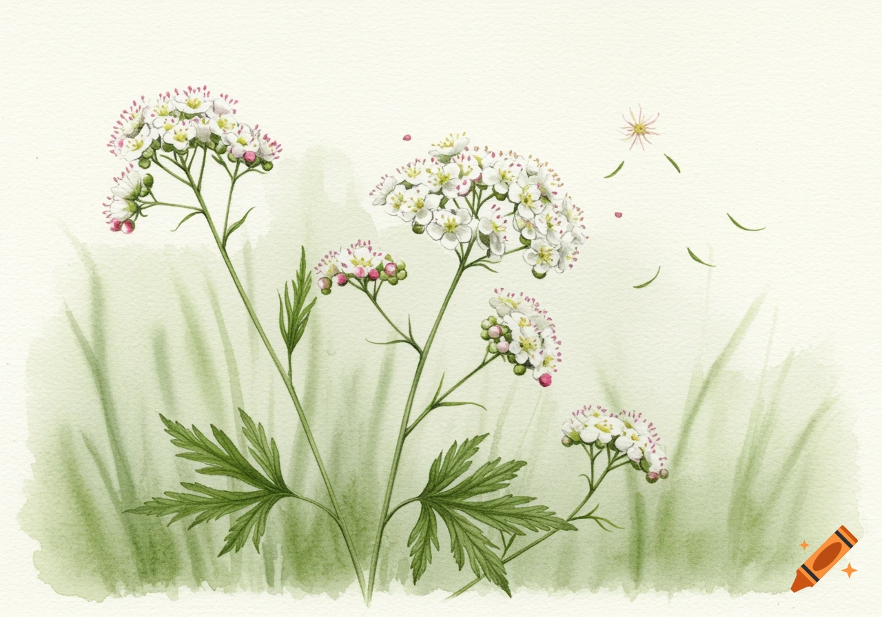 Watercolor botanical illustration of white meadowsweet wildflowers with green foliage on a light background.