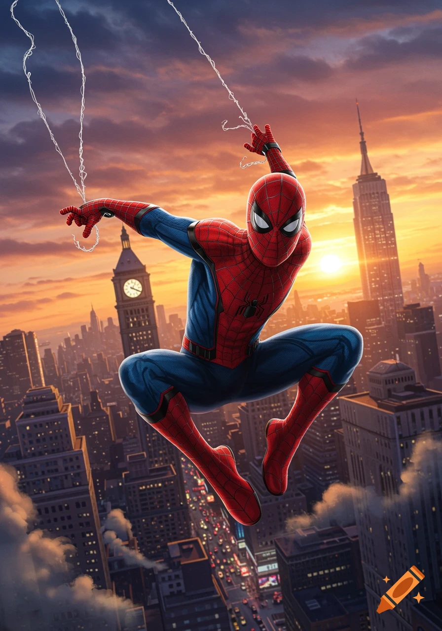 Spider-Man leaps through the air, casting webs above a city skyline at sunset in a detailed comic art style.