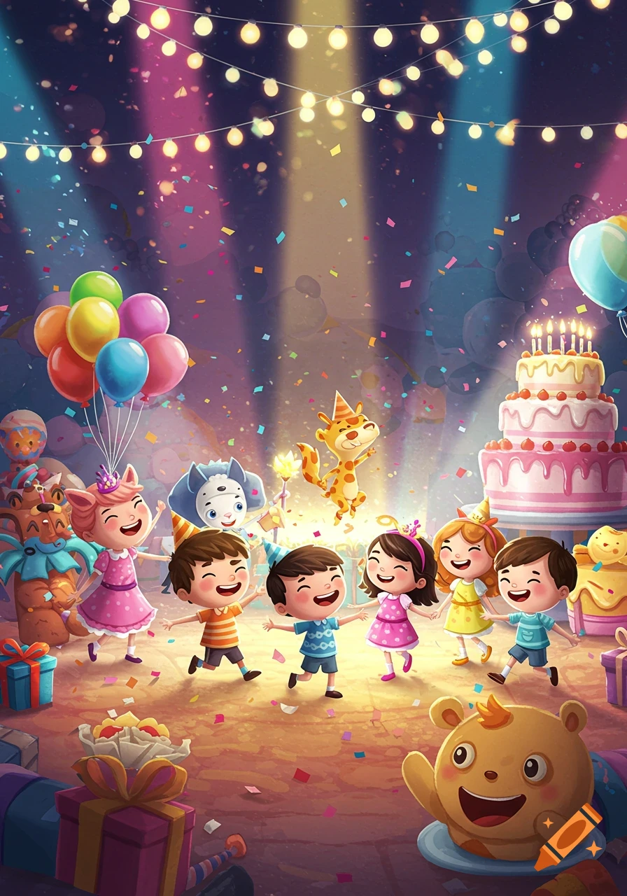 Colorful cartoon of happy children and mascots celebrating at a birthday party with cake, balloons, and confetti.
