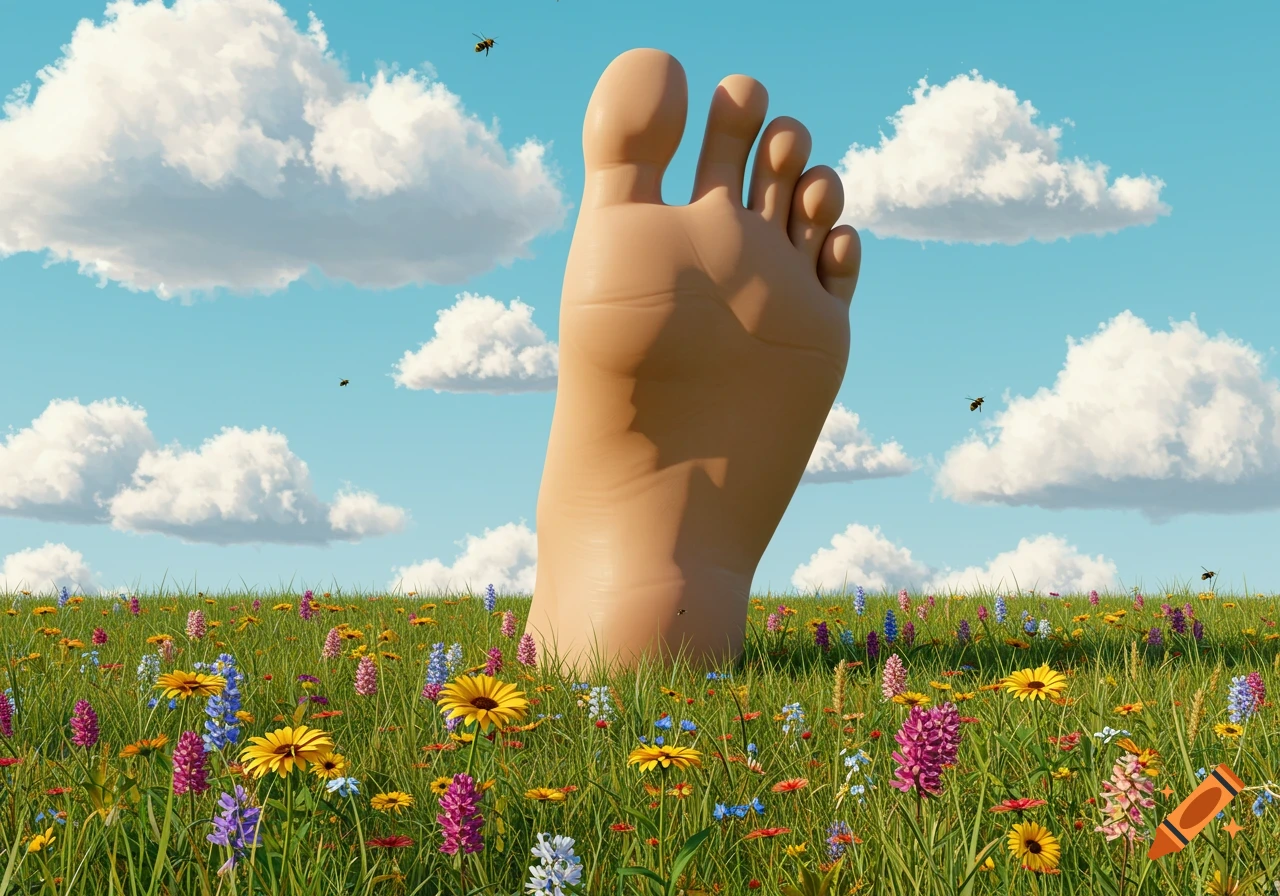 A giant human foot stands in a vibrant field of wildflowers under a bright blue sky with fluffy clouds and flying bees.
