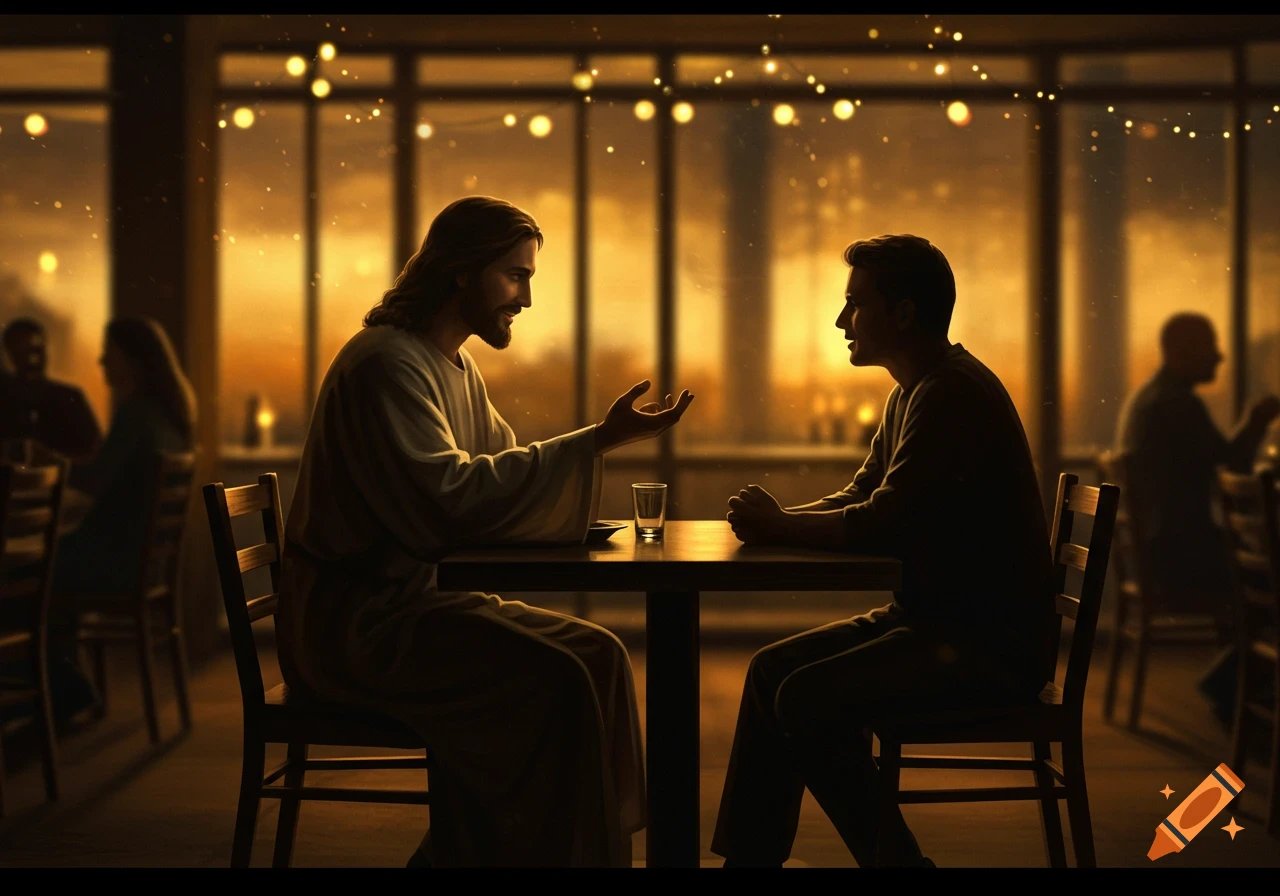 Jesus and a man talking across a table in a dimly lit restaurant with string lights.