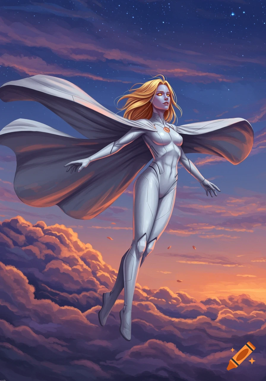 A blonde woman in a white superhero suit and flowing cape flies through a sky with orange clouds and stars at twilight.