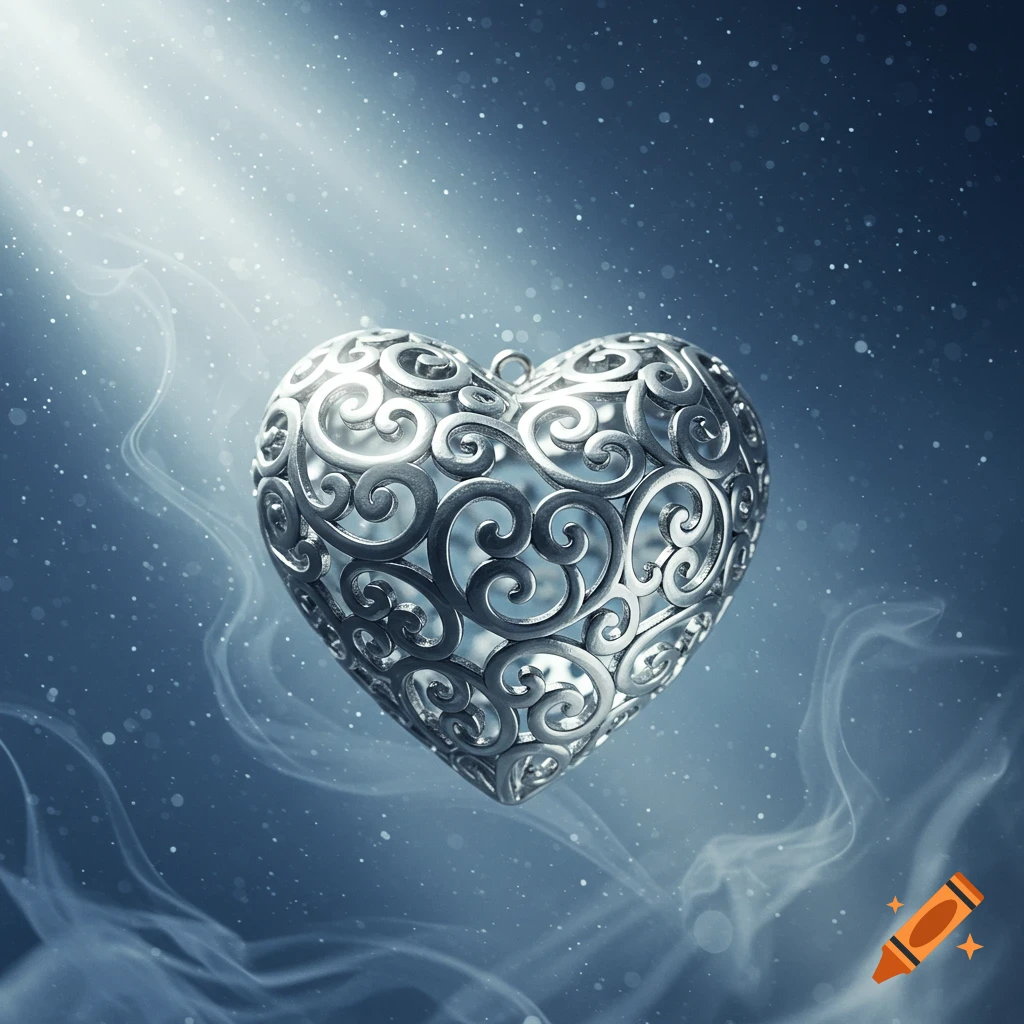 A decorative silver filigree heart floats in a misty blue background with rays of light and sparkling particles.