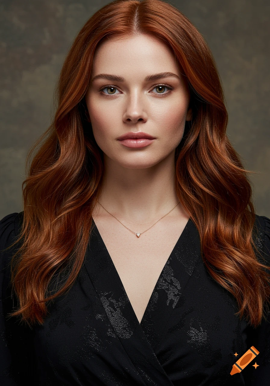 A close-up studio portrait of a woman with long wavy red hair and a black top, wearing a delicate necklace.