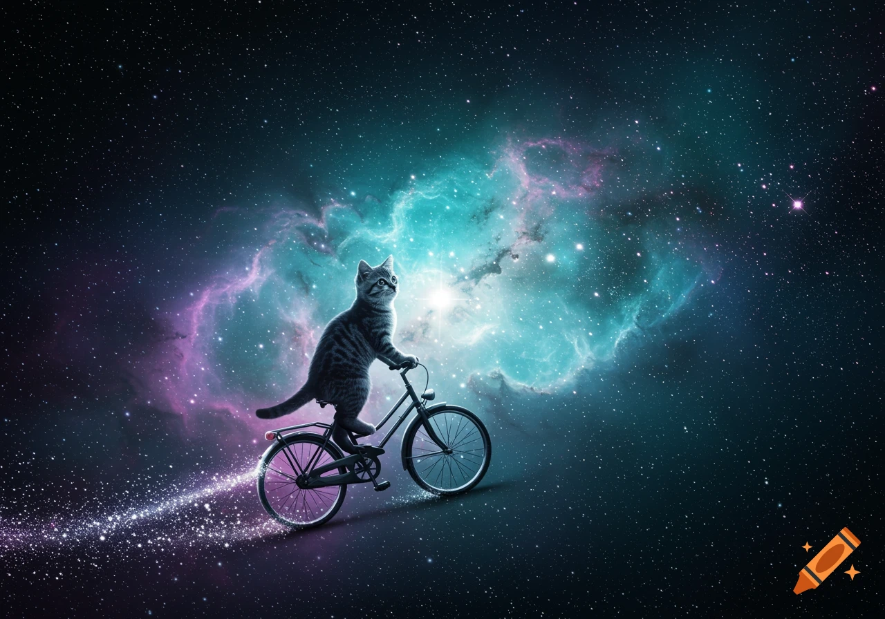 A tabby cat rides a bicycle through a vibrant galaxy, leaving a trail of stars.