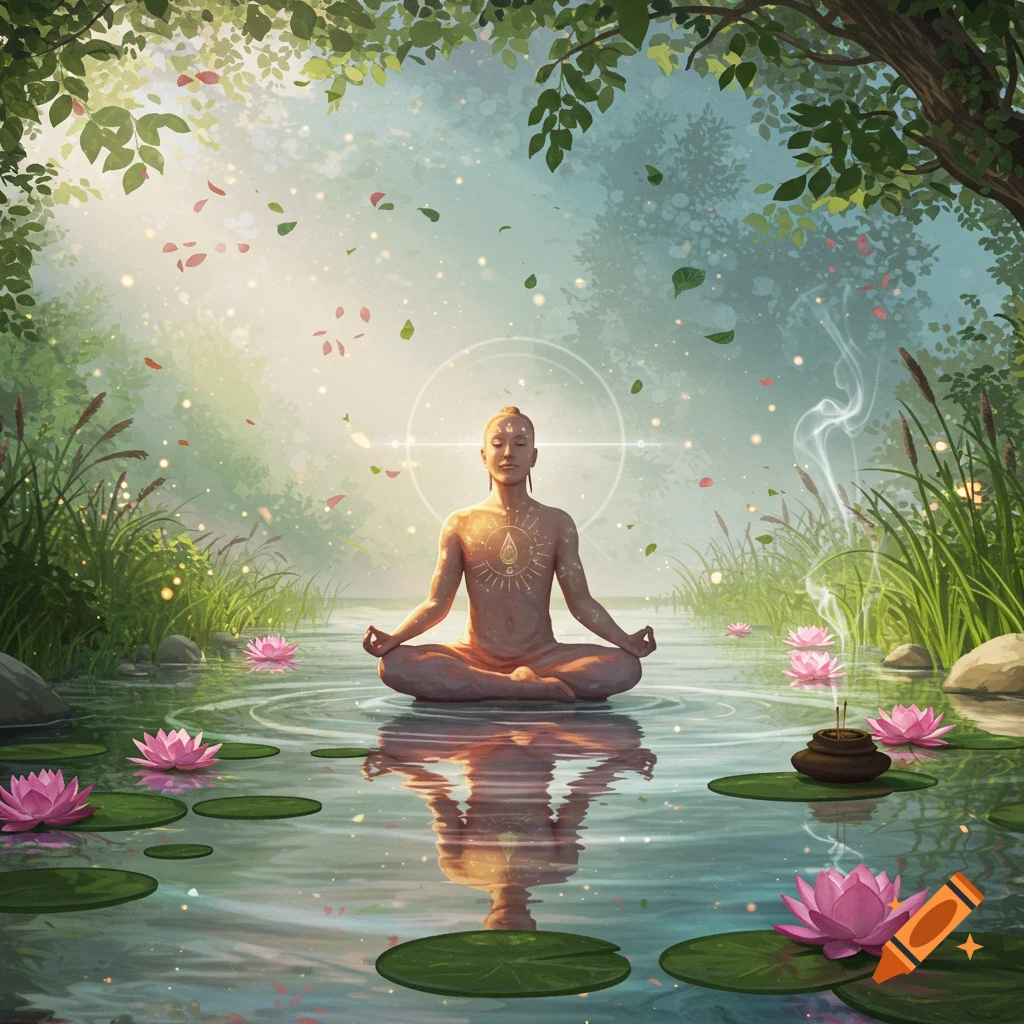 A person meditates in a peaceful pond surrounded by lotus flowers and lush greenery, with light filtering through the trees.