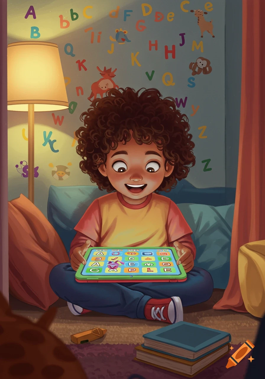 A smiling child with curly hair sits cross-legged, holding a glowing green tablet. Colorful alphabet letters are on the wall behind them.