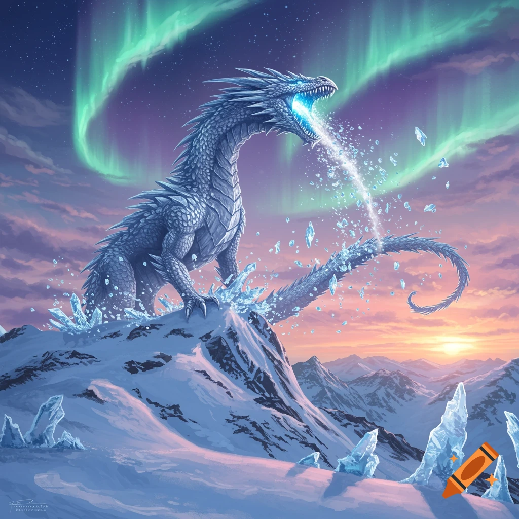 A majestic ice dragon with blue eyes breathes a stream of ice and crystals while standing on a snowy mountain peak under a vibrant aurora borealis and sunset sky.