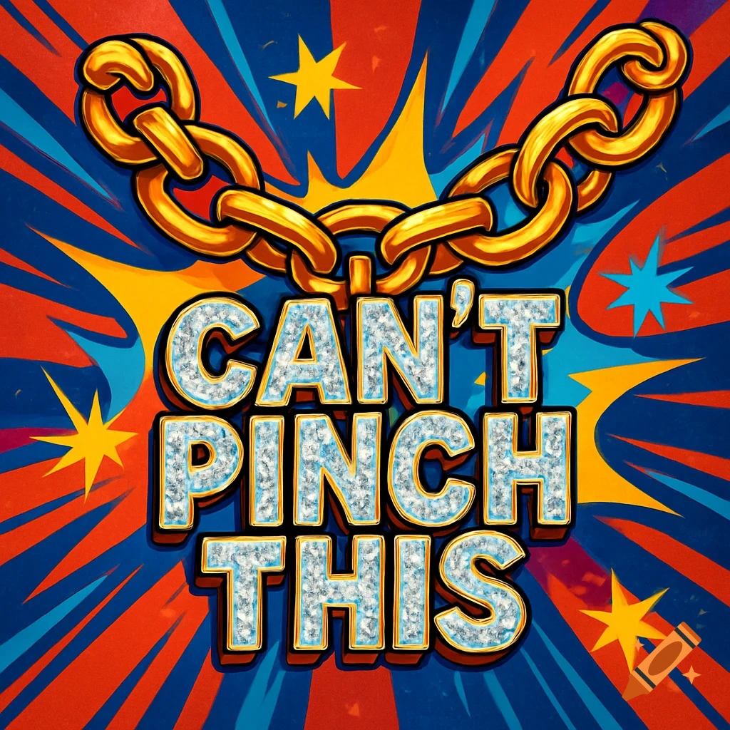 A shiny gold chain with diamond-covered text 'CAN'T PINCH THIS' over a vibrant pop art background with bursts and stars.