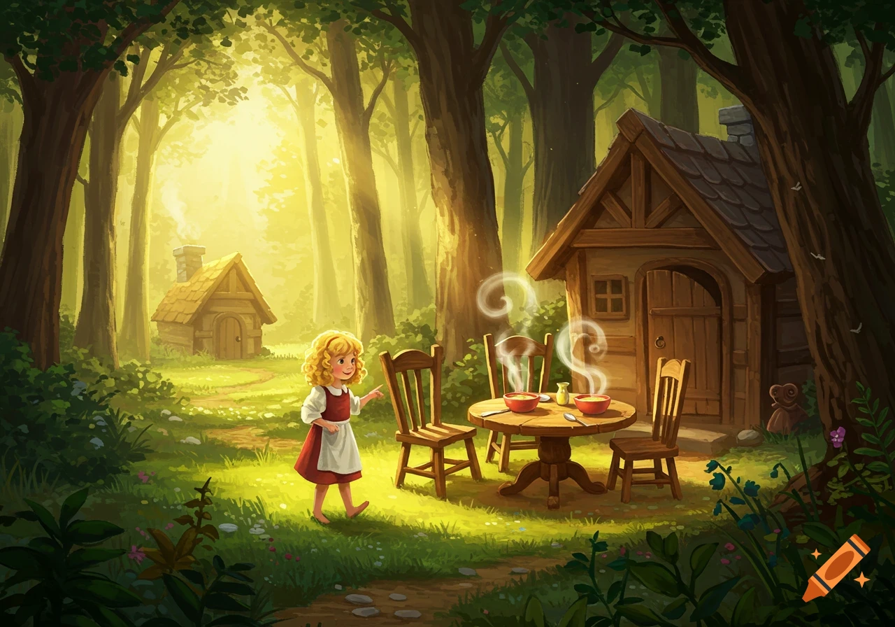 A young girl with blonde curly hair and a red dress walks towards a table with steaming bowls of soup in a sunlit forest clearing with two wooden cabins.