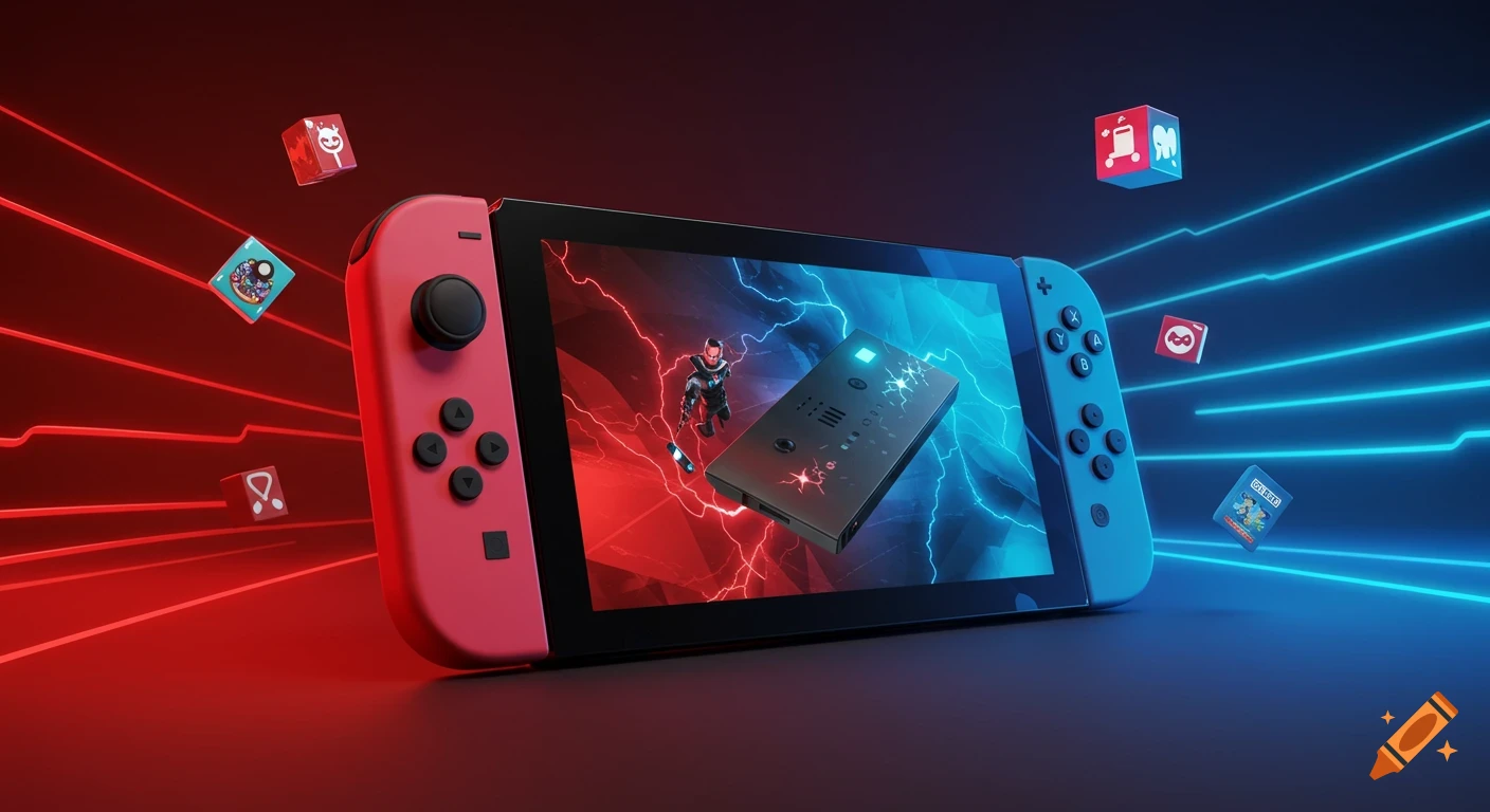 A vibrant video game console, similar to a Nintendo Switch, displayed diagonally with a screen showing a game character and a device against red and blue lightning. Colorful stylized game icons float around it on a red and blue gradient background with glowing lines.