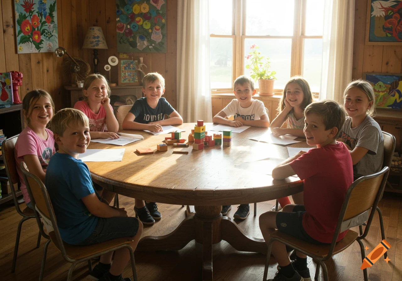A group of happy children sitting around a large wooden table with building blocks and papers.