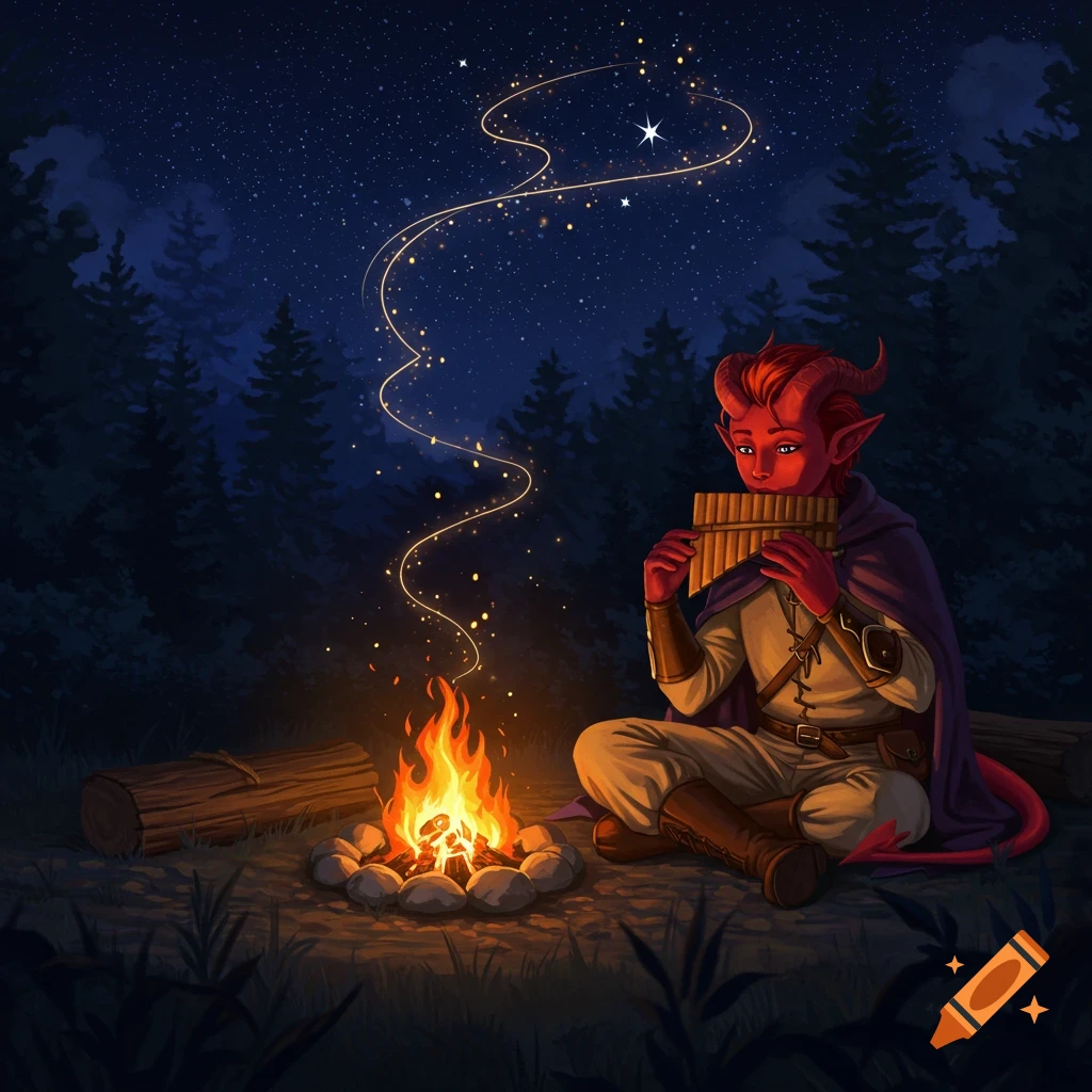 A red-skinned tiefling with horns plays a panflute by a glowing campfire under a starry night sky in a forest.
