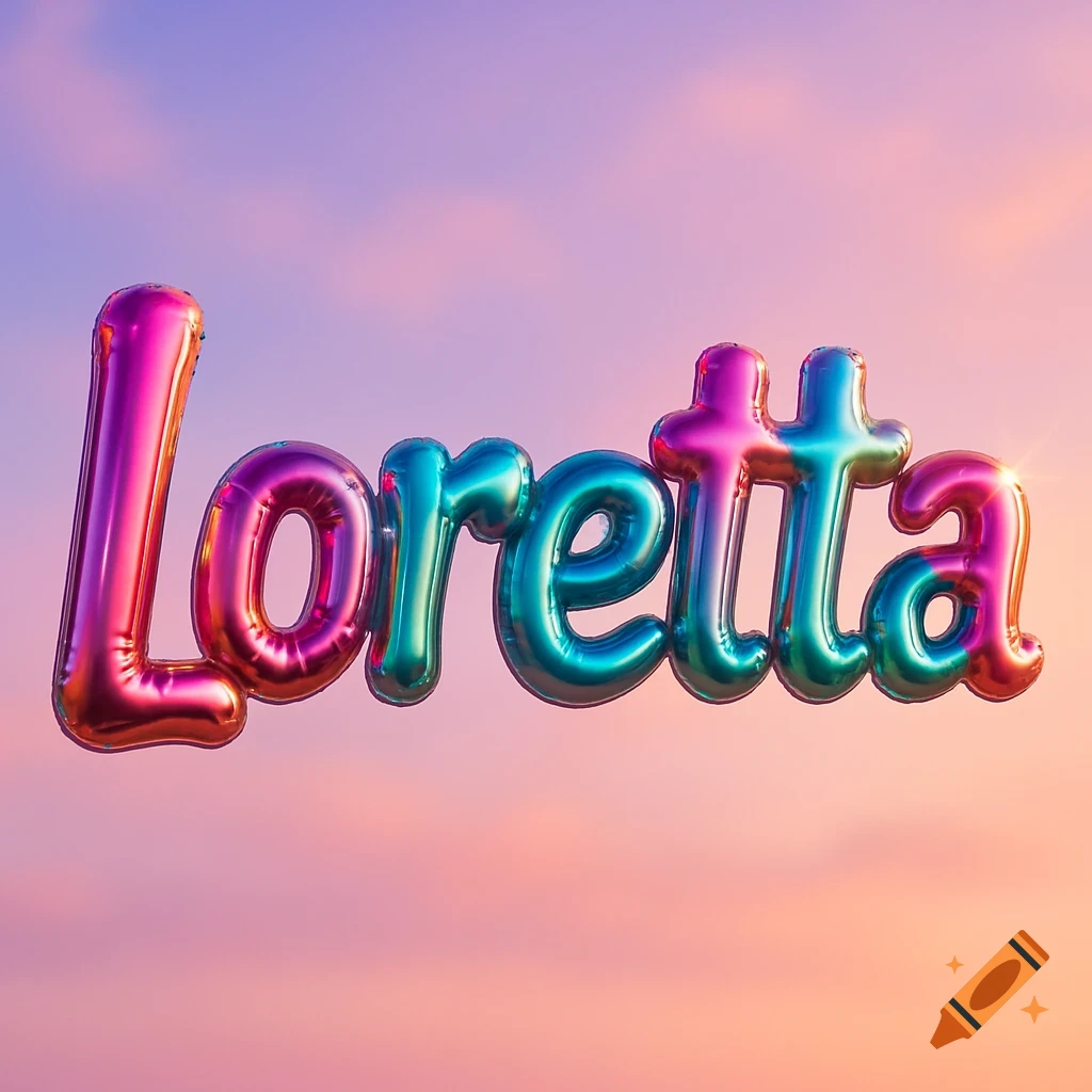 3D foil balloon letters spelling "Loretta" against a pastel sky.