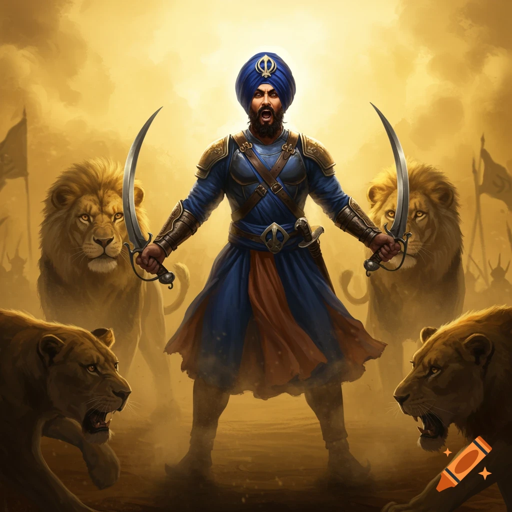 A fierce Sikh warrior in blue Khalsa bana, holding two kirpans, surrounded by three roaring lions in a dusty, golden landscape.